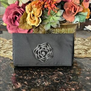 Vintage Lancôme Black Fold Over Clutch with Silver Zipper Floral Design